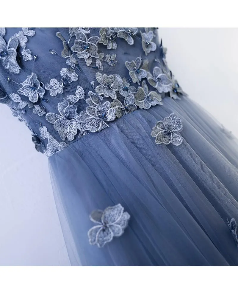 A-line Blue Flowy Prom Dress Long With Flower Petals PG631