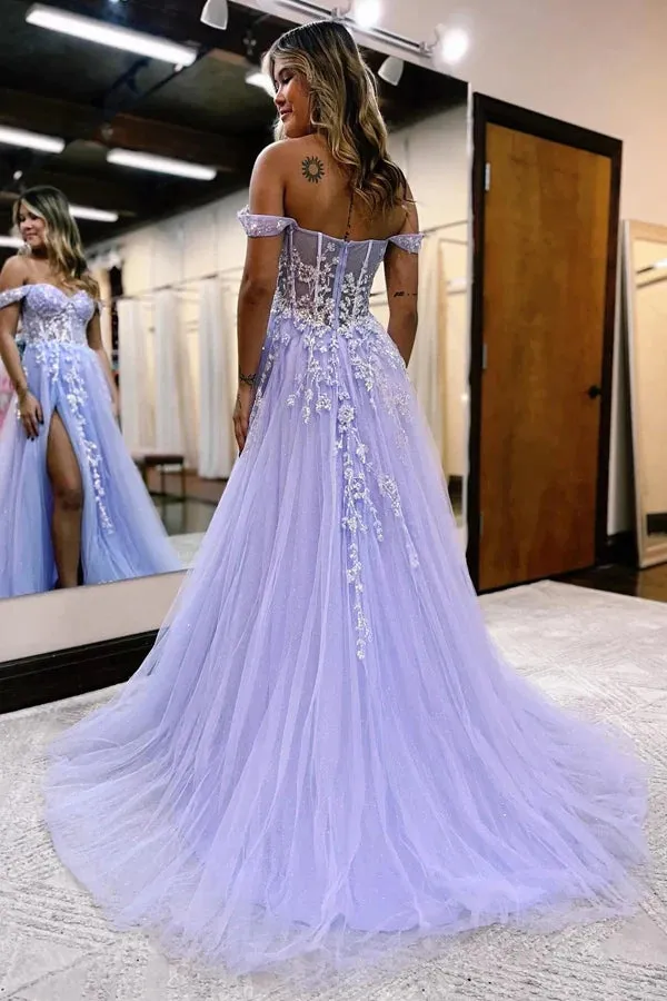 A-line Off The Shoulder Prom Dress Formal Gown With Appliques PSK519