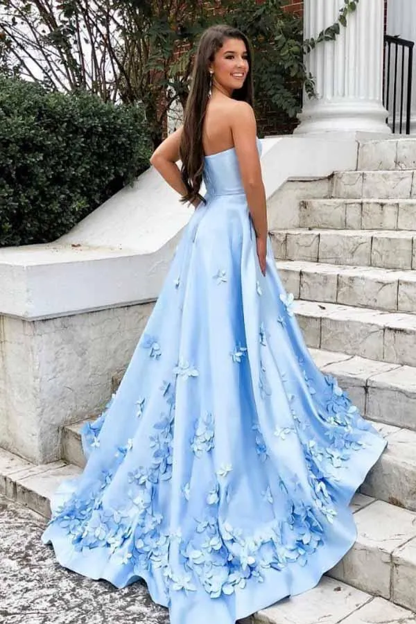 A-Line Sweetheart Sky Blue 3D Floral Applique Long Prom Dresses With Pocket PG988