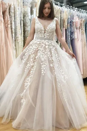 A-Line V-Neck Long Tulle Wedding Dress with Beading Appliques WD080