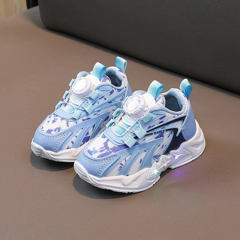 ARWEN AJH 2024 Spring and Autumn Children's Luminous Boys Net Shoes Student Rotating Button Girls sneaker Children's Shoes LED Light