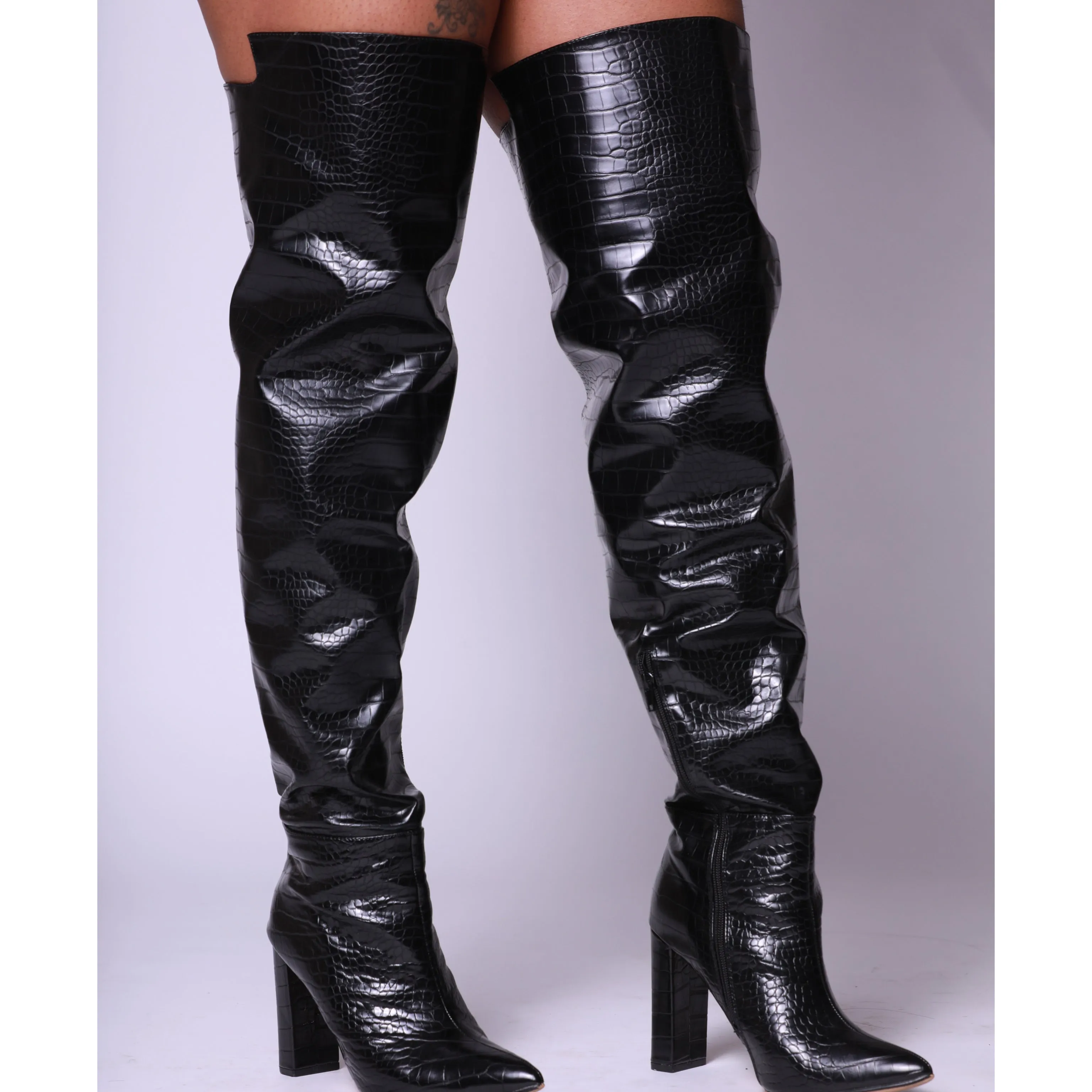 Black Croc Print Block Heel Thigh High Boots