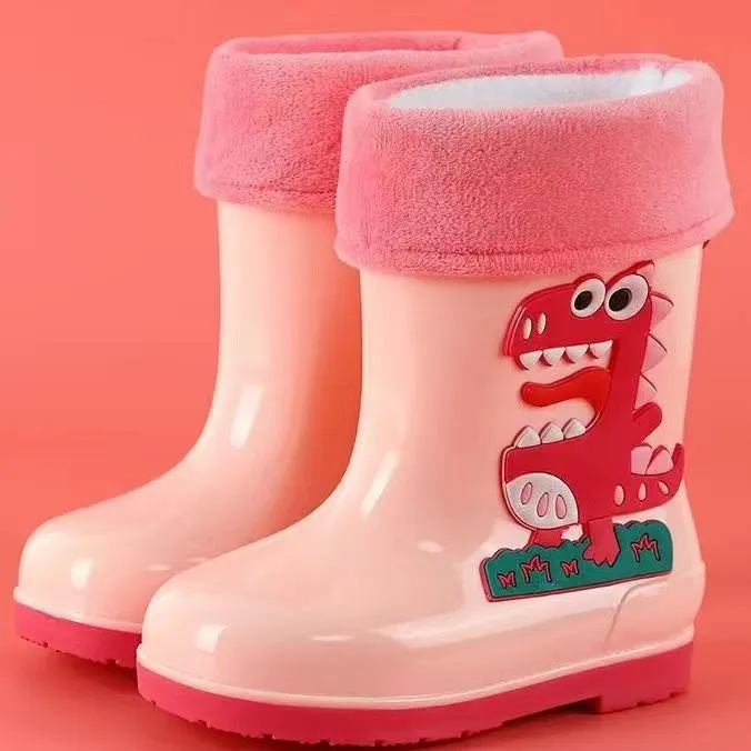 Children's cartoon rain boots, cute boys medium and large children's waterproof rain boots, primary school students' removable cotton sleeves, medium tube water shoes