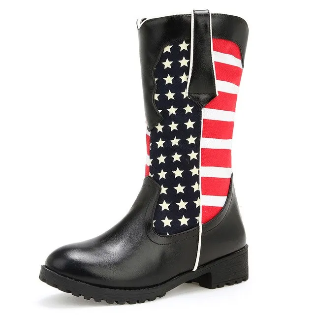 Flag Print mid-calf Boots Pu Leather Cowboy Boots