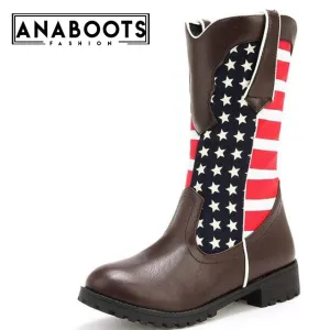 Flag Print mid-calf Boots Pu Leather Cowboy Boots