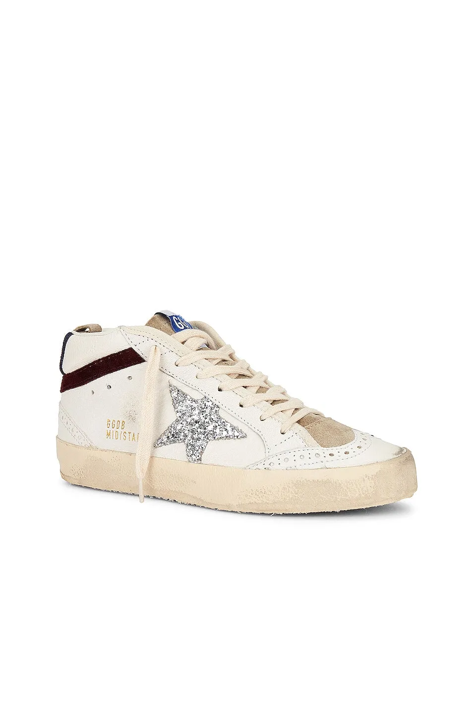 Golden Goose Mid Star Sneaker in White, Silver, Wine, & Medieval Blue