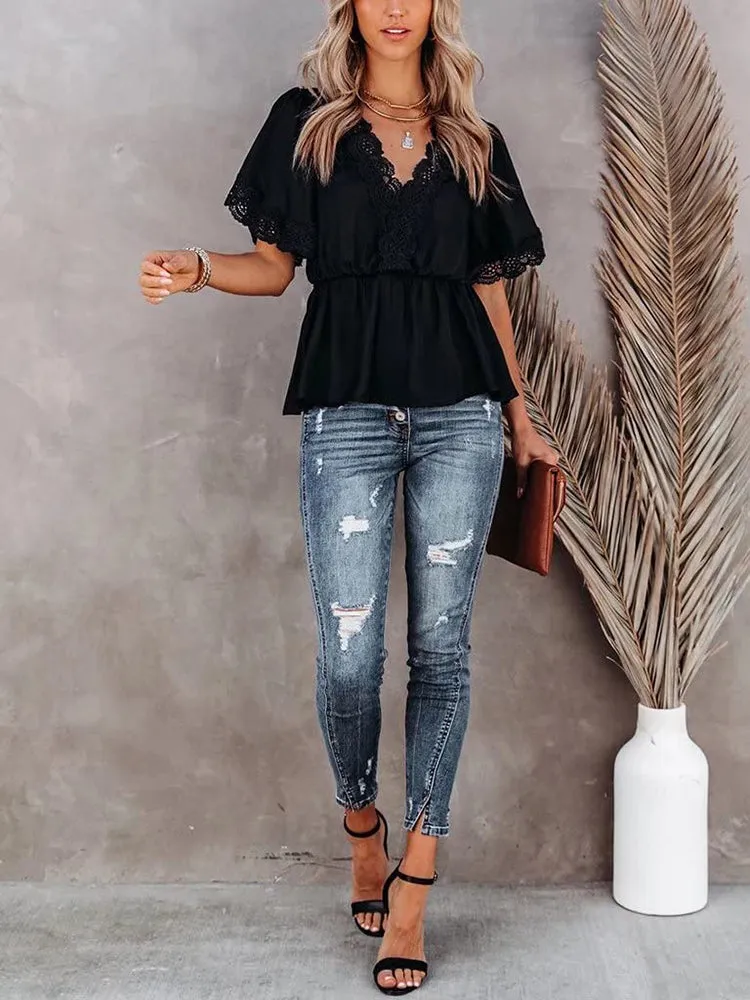 Lace V Neck Trendy With Belt Jumpsuit