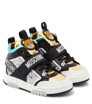 Leather high top sneakers with Moschino logo, multicolor