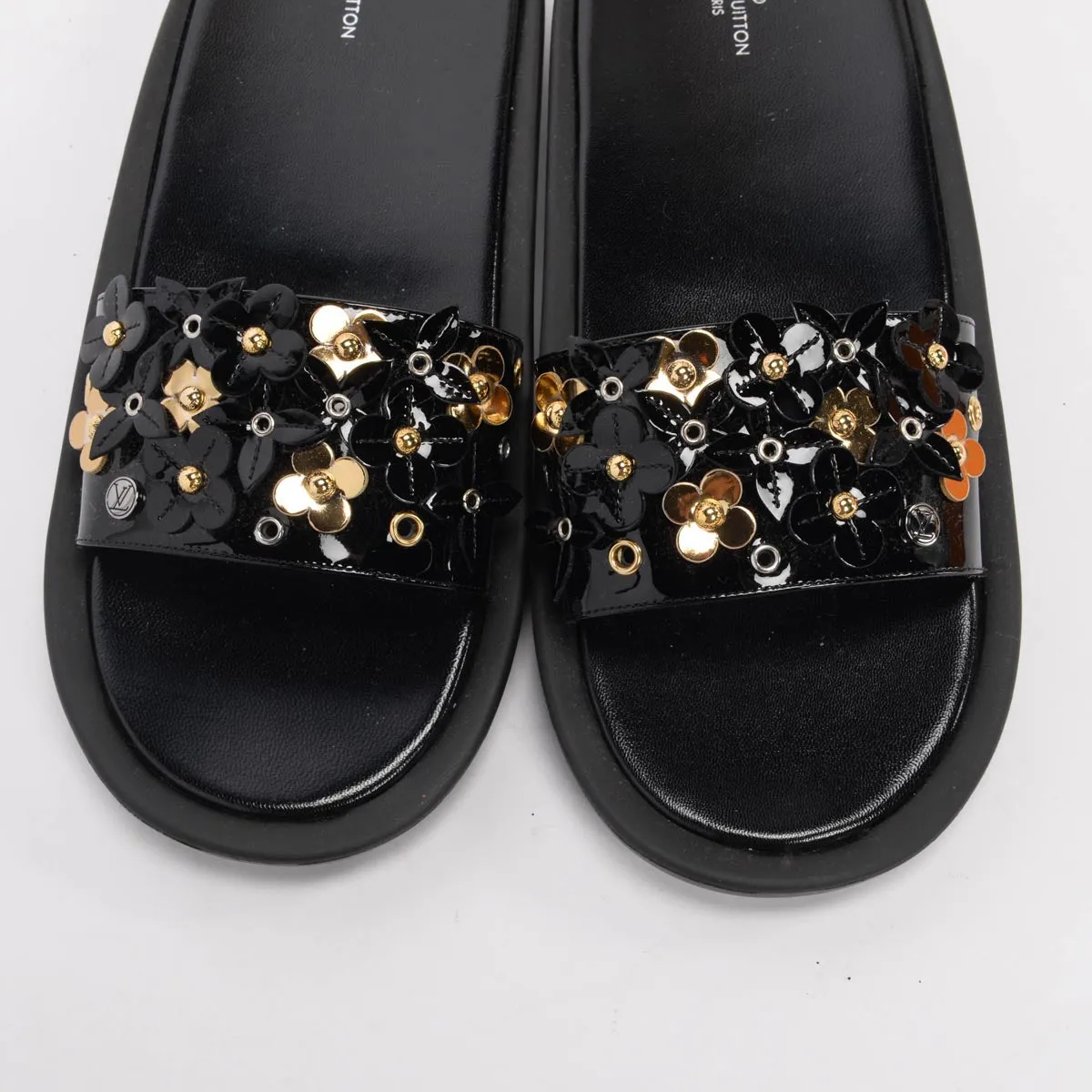 Louis Vuitton Black Patent Sunbath Flower Slides 40