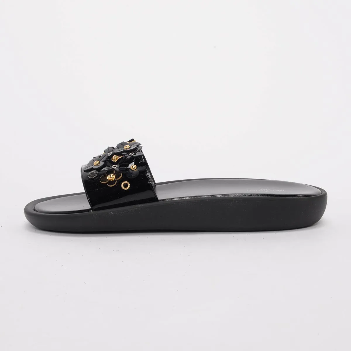 Louis Vuitton Black Patent Sunbath Flower Slides 40