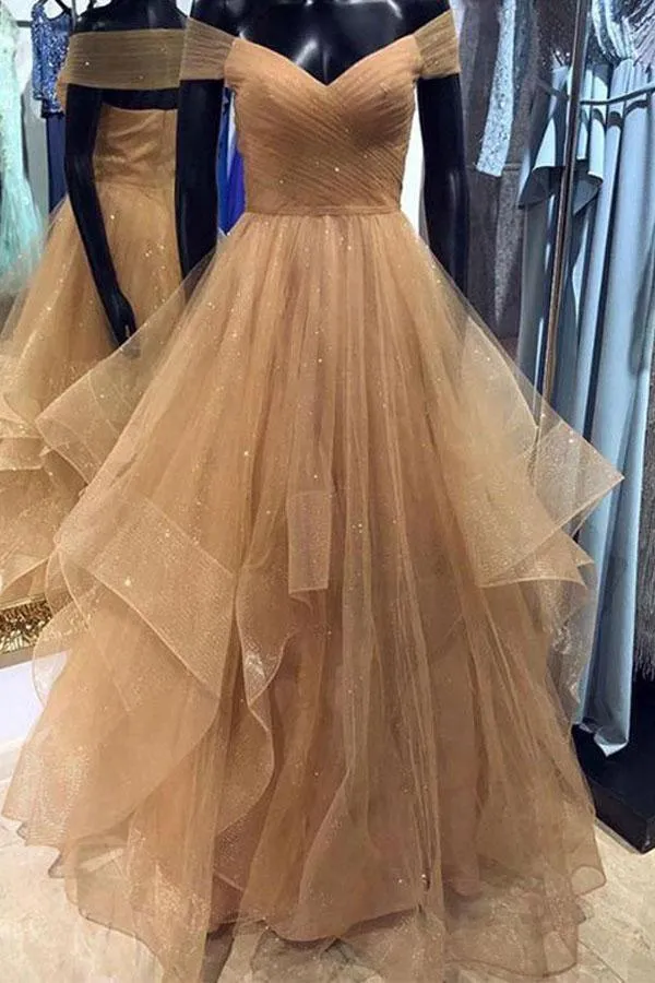 Off the Shoulder Tiered Champagne Prom/Formal Dress with Pleats PSK162