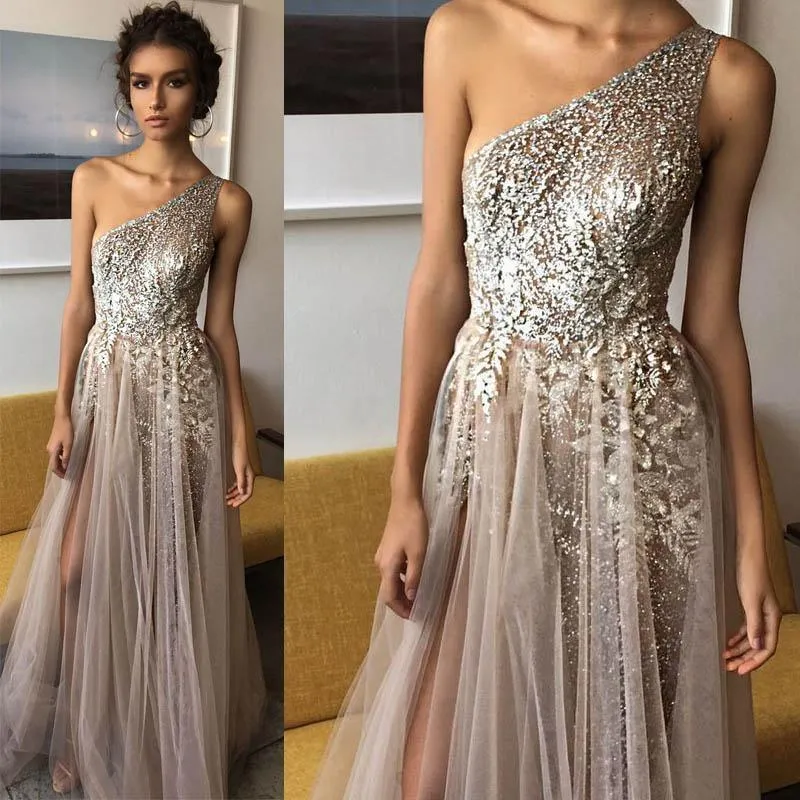 One Shoulder A-line Shinning Side Split Elegant Long Prom Dresses PG707