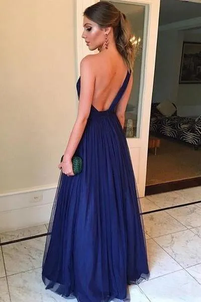 One Shoulder Royal Blue Tulle Long Prom Dress Simple Evening Dress  PG846