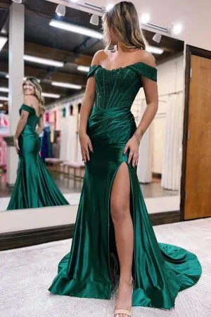 Satin Lace Mermaid Off Shoulder Long Prom Dress PSK375