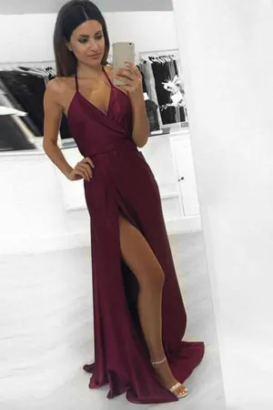 Sexy A-line Halter Burgundy Long Prom Dress Formal Evening Dress PG401