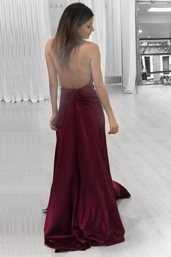 Sexy A-line Halter Burgundy Long Prom Dress Formal Evening Dress PG401