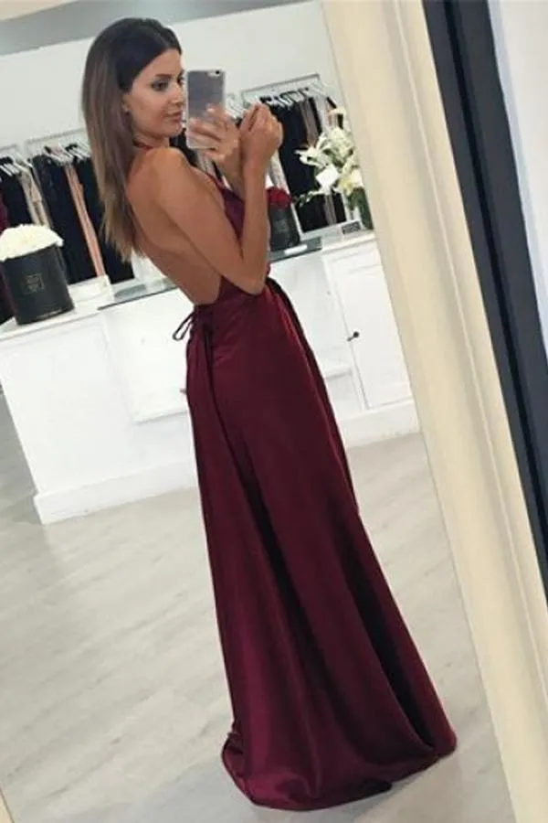 Sexy A-line Halter Burgundy Long Prom Dress Formal Evening Dress PG401