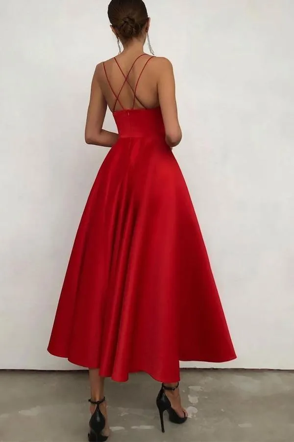 Simple V Neck Satin Burgundy Tea Length Prom/Evening Dresses PSK231