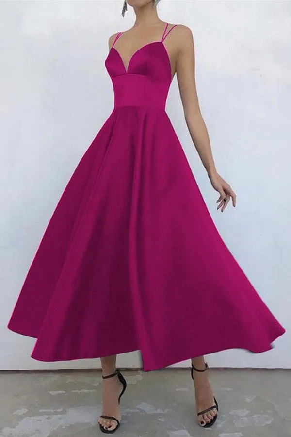 Simple V Neck Satin Burgundy Tea Length Prom/Evening Dresses PSK231