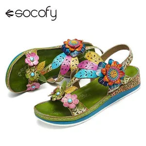 SOCOFY  Women's Genuine Leather Retro Style Floral Stitched Sandals