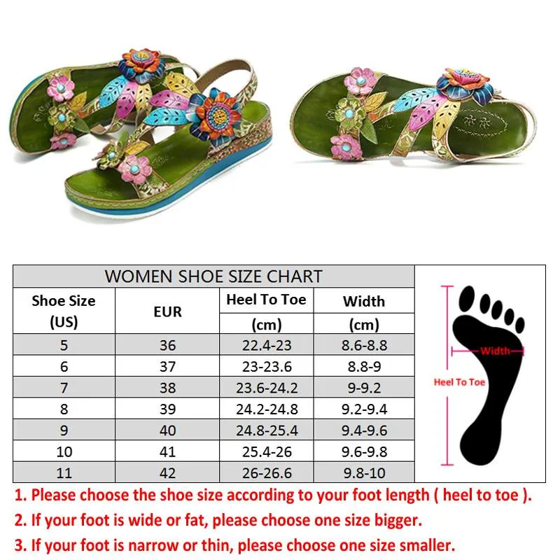 SOCOFY  Women's Genuine Leather Retro Style Floral Stitched Sandals