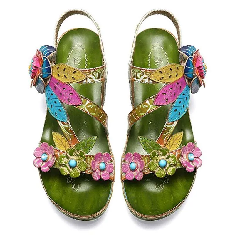 SOCOFY  Women's Genuine Leather Retro Style Floral Stitched Sandals