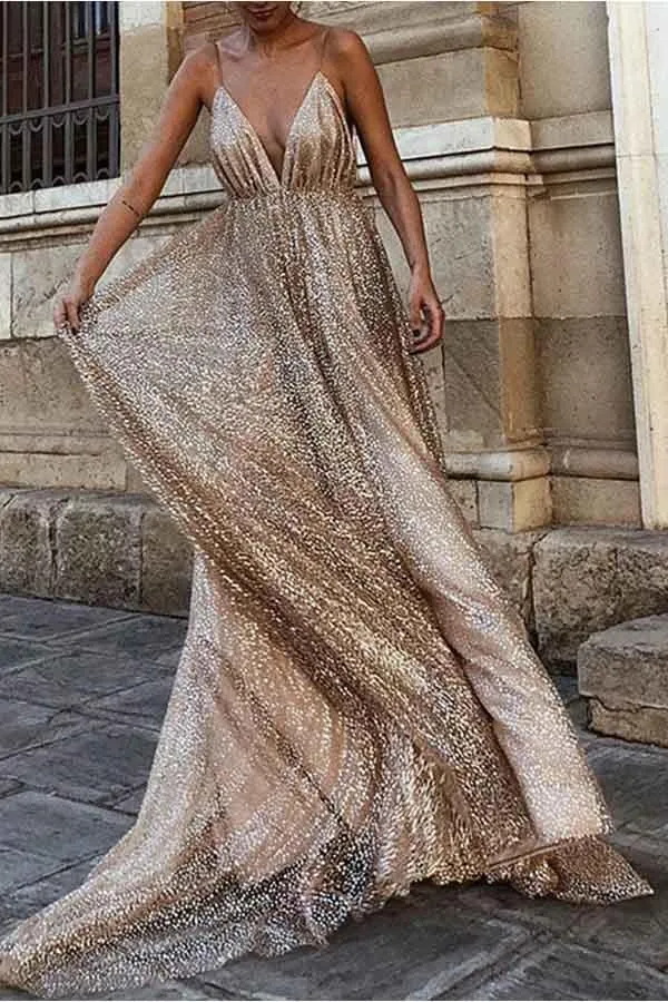 Sparkle Backless Plunging Neckline Sequin Long Prom Evening Dress PG757