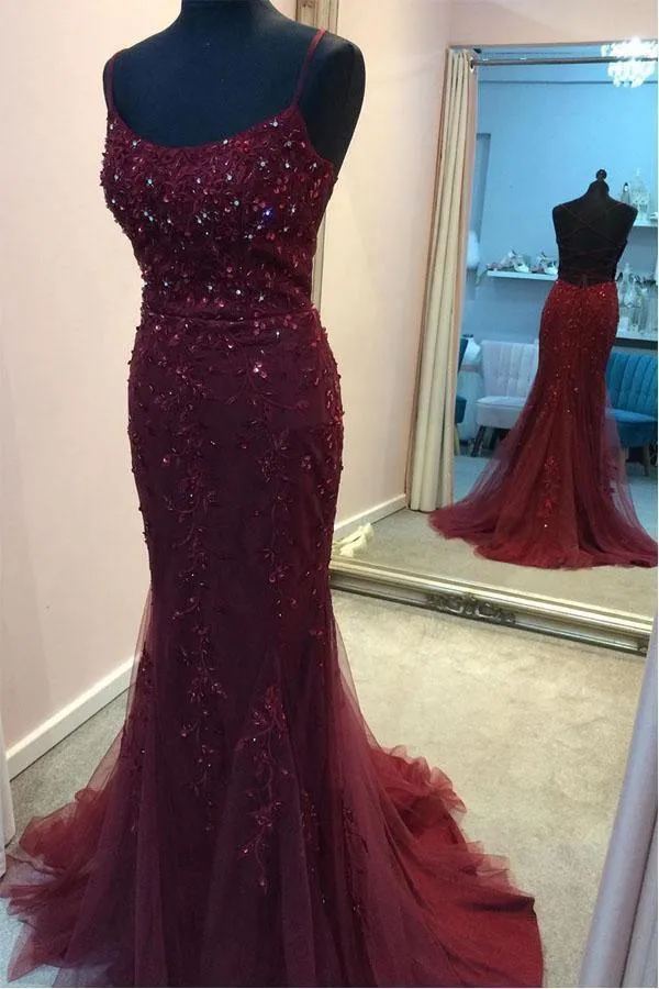 Straps Mermaid Burgundy Beaded Long Prom Dress Evening Dress PSK191