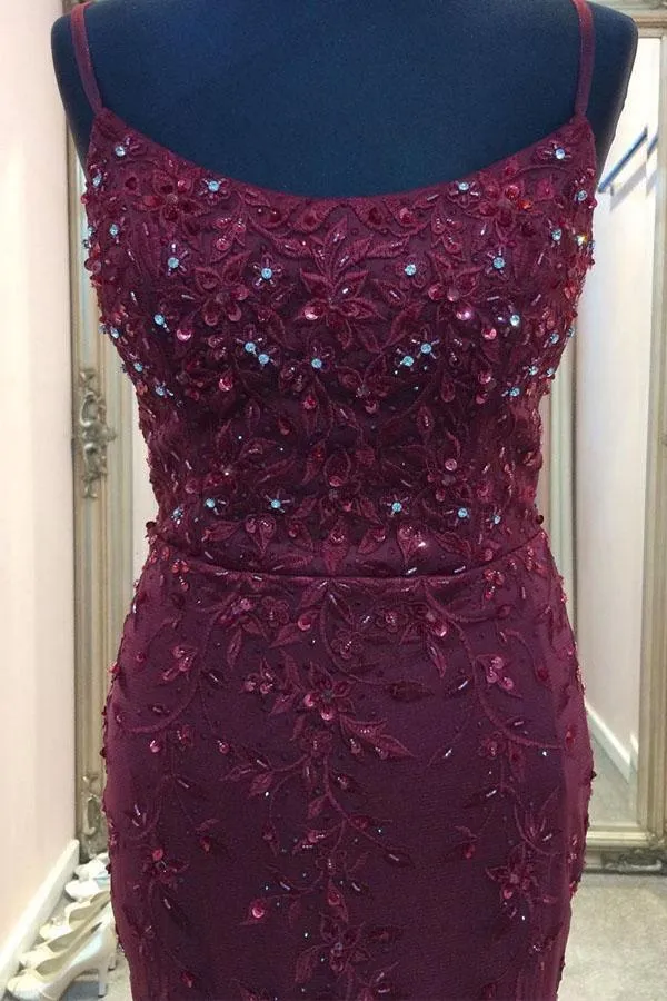 Straps Mermaid Burgundy Beaded Long Prom Dress Evening Dress PSK191